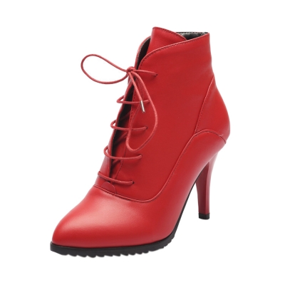 Women's Solid Stiletto Heels Pointed Toe Lace up Boots YOUYOUFASHIONEC.com