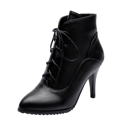 Women's Solid Stiletto Heels Pointed Toe Lace up Boots YOUYOUFASHIONEC.com