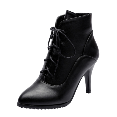 Women's Solid Stiletto Heels Pointed Toe Lace up Boots STYLESIMO.com