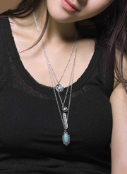 Women's Multi Layered Metal Feather Turquoise Necklace