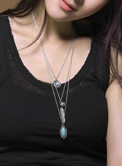 Women's Multi Layered Metal Feather Turquoise Necklace STYLESIMO.com