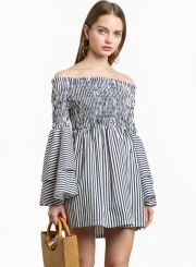 Women's Slash Neck Flounce Sleeve Striped Mini Dress