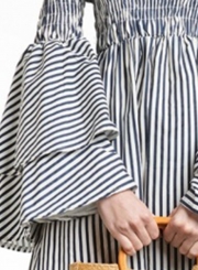 Women's Slash Neck Flounce Sleeve Striped Mini Dress