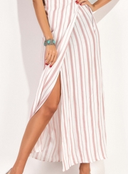 Women's Sexy Spaghetti Strap Striped Slit Maxi Dresses