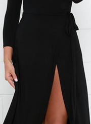 Women's Sexy Deep V Neck Long Sleeve Slit Maxi Dresses