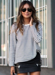 Women's Fashion Stripe Long Sleeve Loose Fit Pullover Sweatshirt