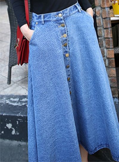 Women's A-line Button down Maxi Denim Pleated Skirt YOUYOUFASHIONEC.com