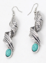 Women's Boho Metal Feather Turquoise Drop Earrings