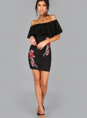 Women's Slash Neck Floral Embroidery Bodycon Mini Dresses