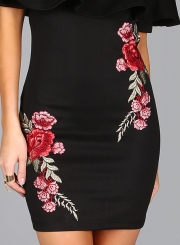 Women's Slash Neck Floral Embroidery Bodycon Mini Dresses