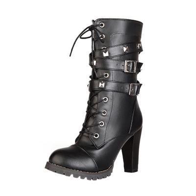 Women's Block Heels Side Zipper Boots with Rivet YOUYOUFASHIONEC.com