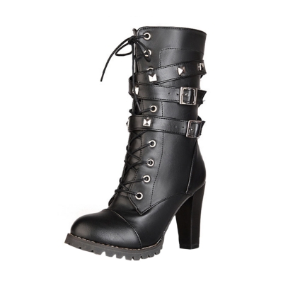 Women's Block Heels Side Zipper Boots with Rivet STYLESIMO.com