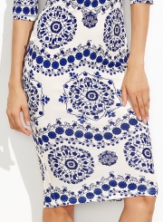 Women's Round Neck Half Sleeve Floral Printed Slim Midi Dresses