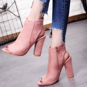 Women's Solid Peep Toe Side Zipper Block Heels Boots