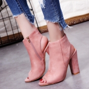 Women's Solid Peep Toe Side Zipper Block Heels Boots