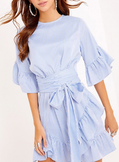 Women's Ruffle Sleeve Striped Dress with Belt YOUYOUFASHIONEC.com