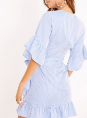 Women's Ruffle Sleeve Striped Dress with Belt