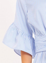 Women's Ruffle Sleeve Striped Dress with Belt