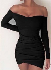 Women's Solid off Shoulder Long Sleeve Ruched Bodycon Mini Dress