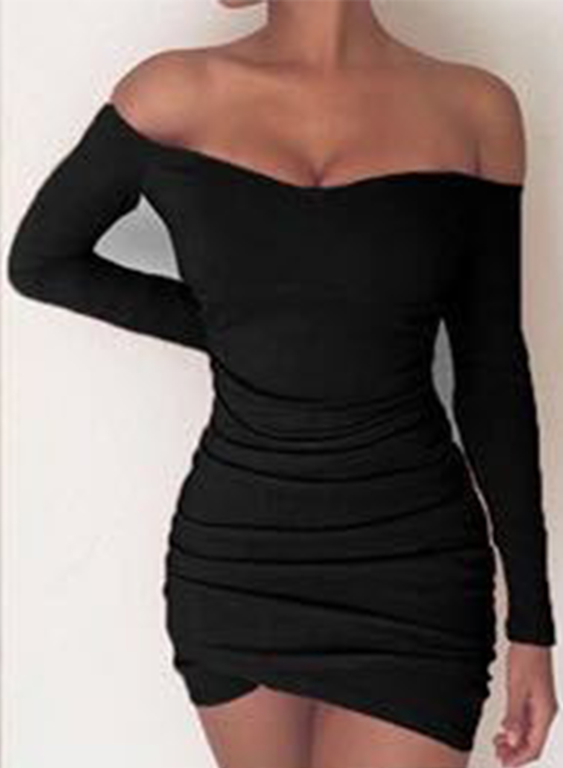 off shoulder ruched bodycon dress