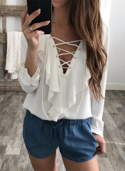 Women's Solid V Neck Lace-up Ruffle Long Sleeve Blouse