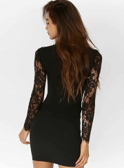 Women's Solid Long Sleeve Lace Mini Bodycon Dress