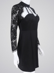 Women's Solid Long Sleeve Lace Mini Bodycon Dress