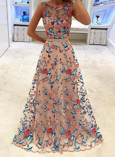 Women's Sleeveless Floral Embroidery Maxi Dress YOUYOUFASHIONEC.com