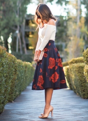 Women's High Waist Rose Print A-line Skirt