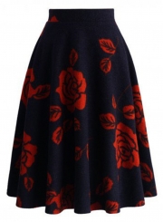 Women's High Waist Rose Print A-line Skirt