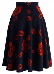 Women's High Waist Rose Print A-line Skirt