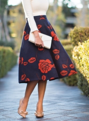 Women's High Waist Rose Print A-line Skirt