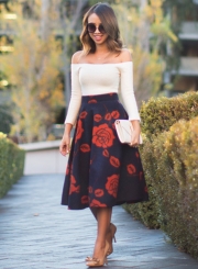 Women's High Waist Rose Print A-line Skirt