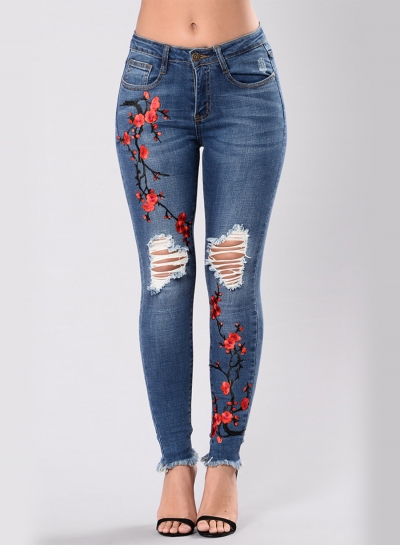Women's Floral Embroidery Ripped Denim Pants STYLESIMO.com