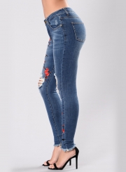 Women's Floral Embroidery Ripped Denim Pants