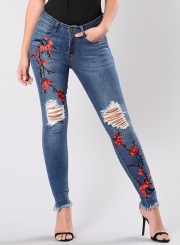 Women's Floral Embroidery Ripped Denim Pants