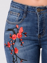 Women's Floral Embroidery Ripped Denim Pants