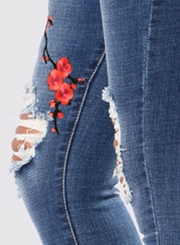 Women's Floral Embroidery Ripped Denim Pants