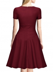 Women's Solid V Neck Short Sleeve Slim A-line Dress