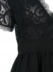 Women's V Neck Short Sleeve Lace Panel A-line Dress