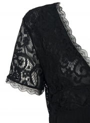 Women's V Neck Short Sleeve Lace Panel A-line Dress