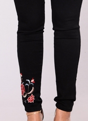 Women's Casual High Waist Bodycon Floral Embroidery Pants