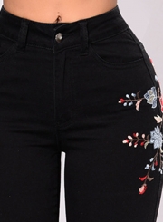 Women's Casual High Waist Bodycon Floral Embroidery Pants