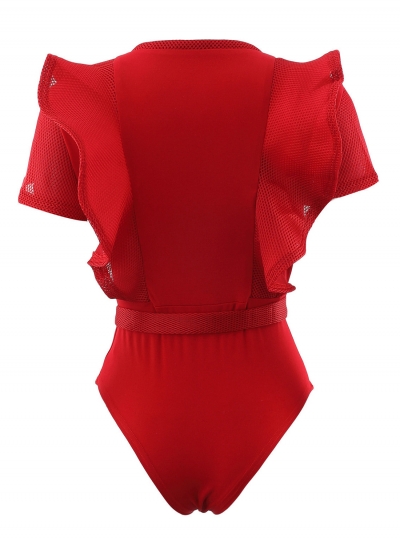 Solid Short Sleeve Mesh Panel Bodysuit stylesimo.com