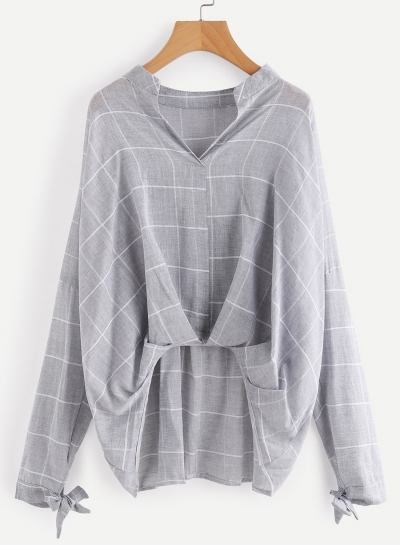 Casual Stand Collar Long Sleeve Plaid Pullover Blouse