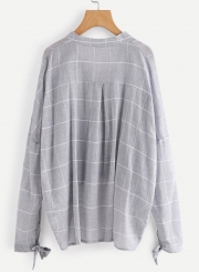 Casual Stand Collar Long Sleeve Plaid Pullover Blouse