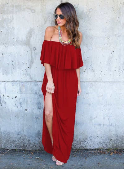 Solid Slash Neck Off Shoulder High Slit Maxi Dress YOUYOUFASHIONEC.com