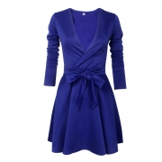 Fashion V Neck Long Sleeve Bow Detail A-line Dress