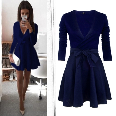 Fashion V Neck Long Sleeve Bow Detail A-line Dress YOUYOUFASHIONEC.com