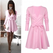 Fashion V Neck Long Sleeve Bow Detail A-line Dress